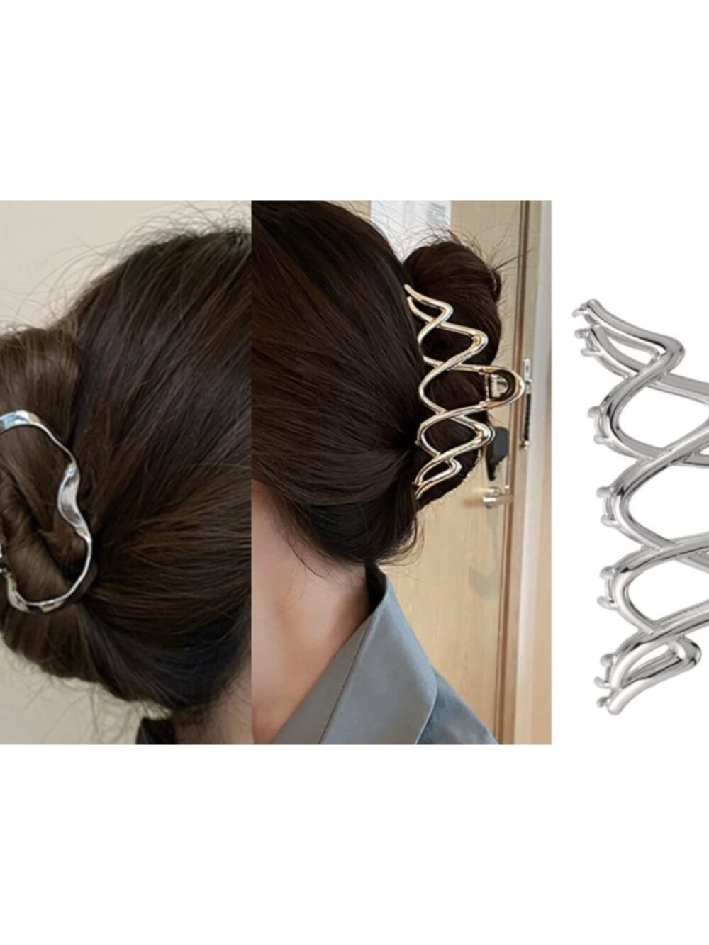 2 Pc Geometric Wavey Silver Claw Clip Sleek Statement Hair Accessory Women Girls